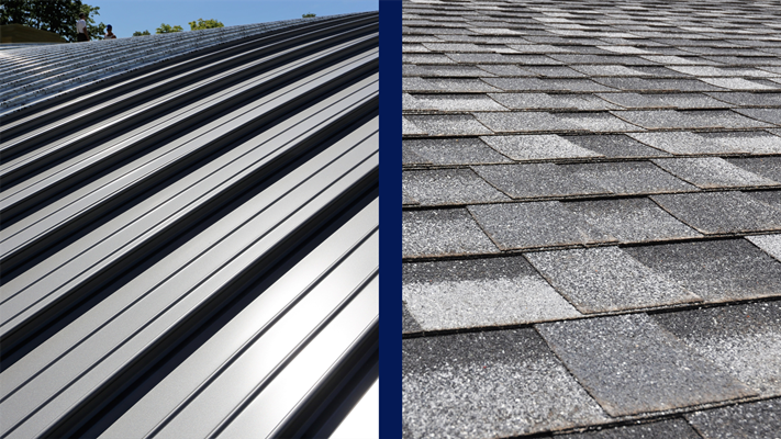 A side-by-side comparison of a home with asphalt shingles and a home with a metal roof.